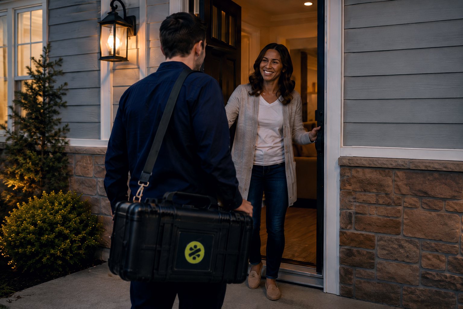 A Zoomdoc medical technician arriving at a family’s front door in the evening
