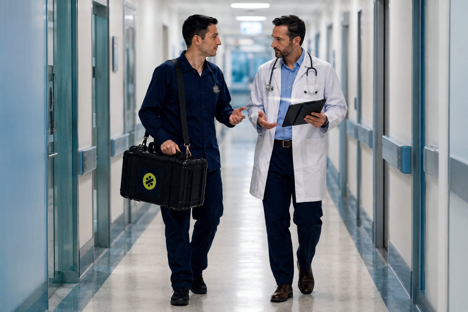 A Zoomdoc technician and a partner physician walking a clinic corridor with the Zoomdoc kit