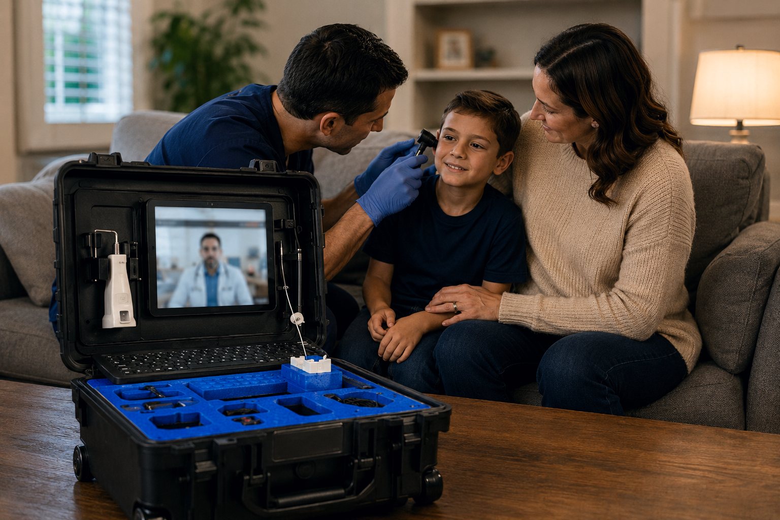 A Zoomdoc technician checks a child’s ear at home while a doctor joins live on the kit’s screen