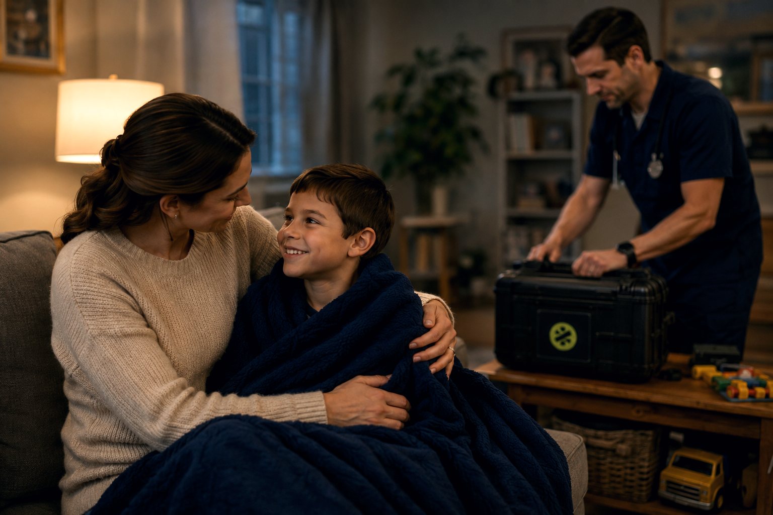 A mother and son relax on the couch as the Zoomdoc technician packs up after a home visit