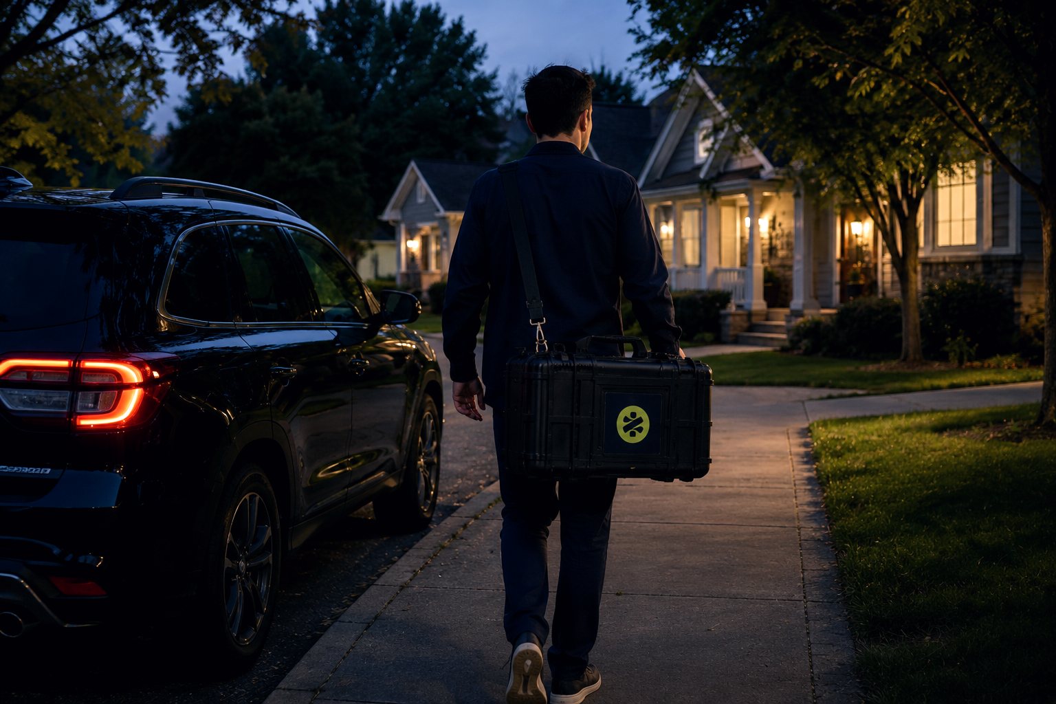 A Zoomdoc technician walking up to a home at dusk, kit in hand