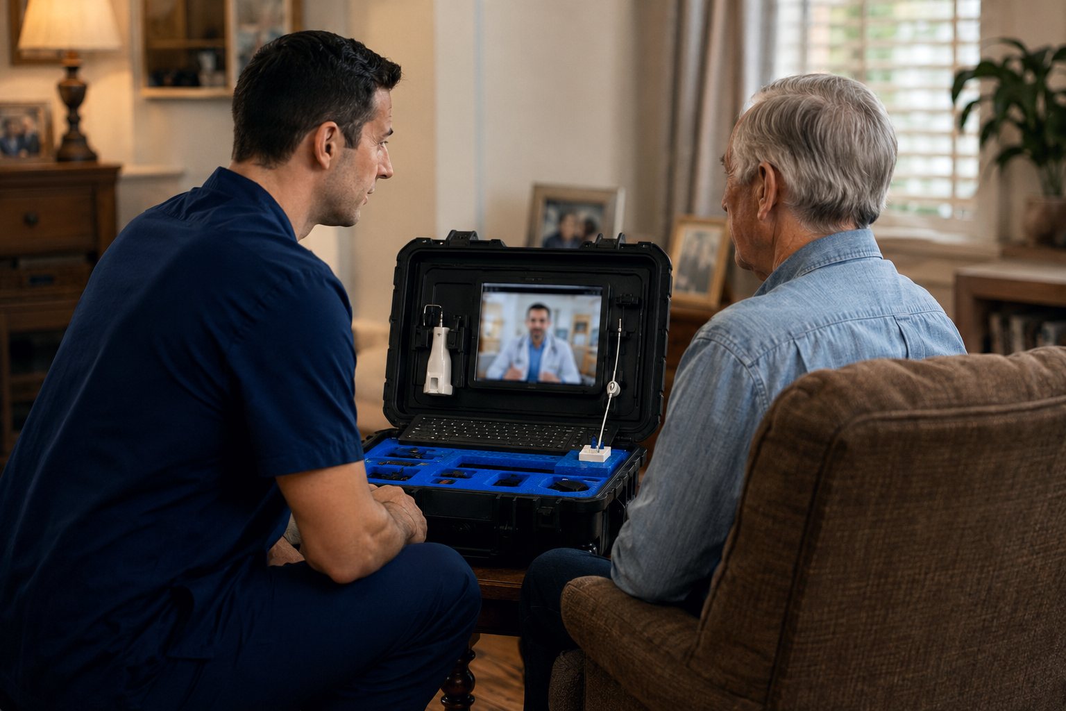 The Zoomdoc kit in action — a patient talks with a doctor on screen while the technician assists